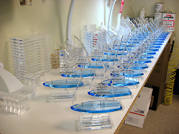 Acrylc sailboats ready for packaging